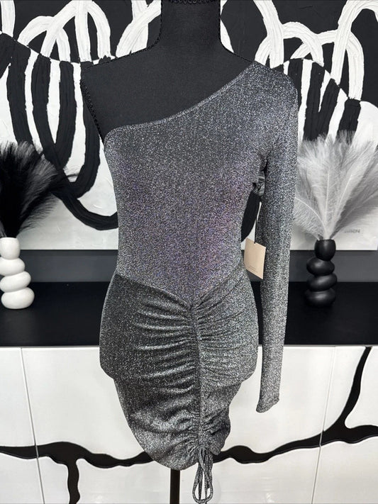 Superdown Silver Metallic One Shoulder Ruched Party Cocktail Mini Dress Womens S