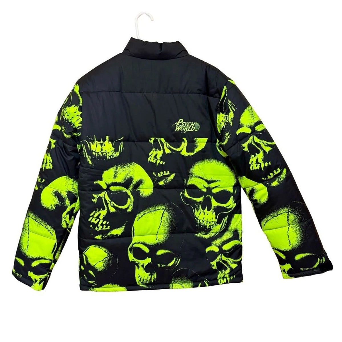 Psychworld Skull Print Puffer Jacket Men’s S Black Lime Green NWT