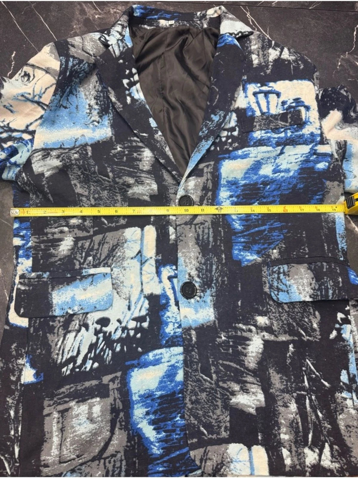 HEYDHSDC Mens M Black Blue Abstract Print Slim Fit Party Blazer Jacket