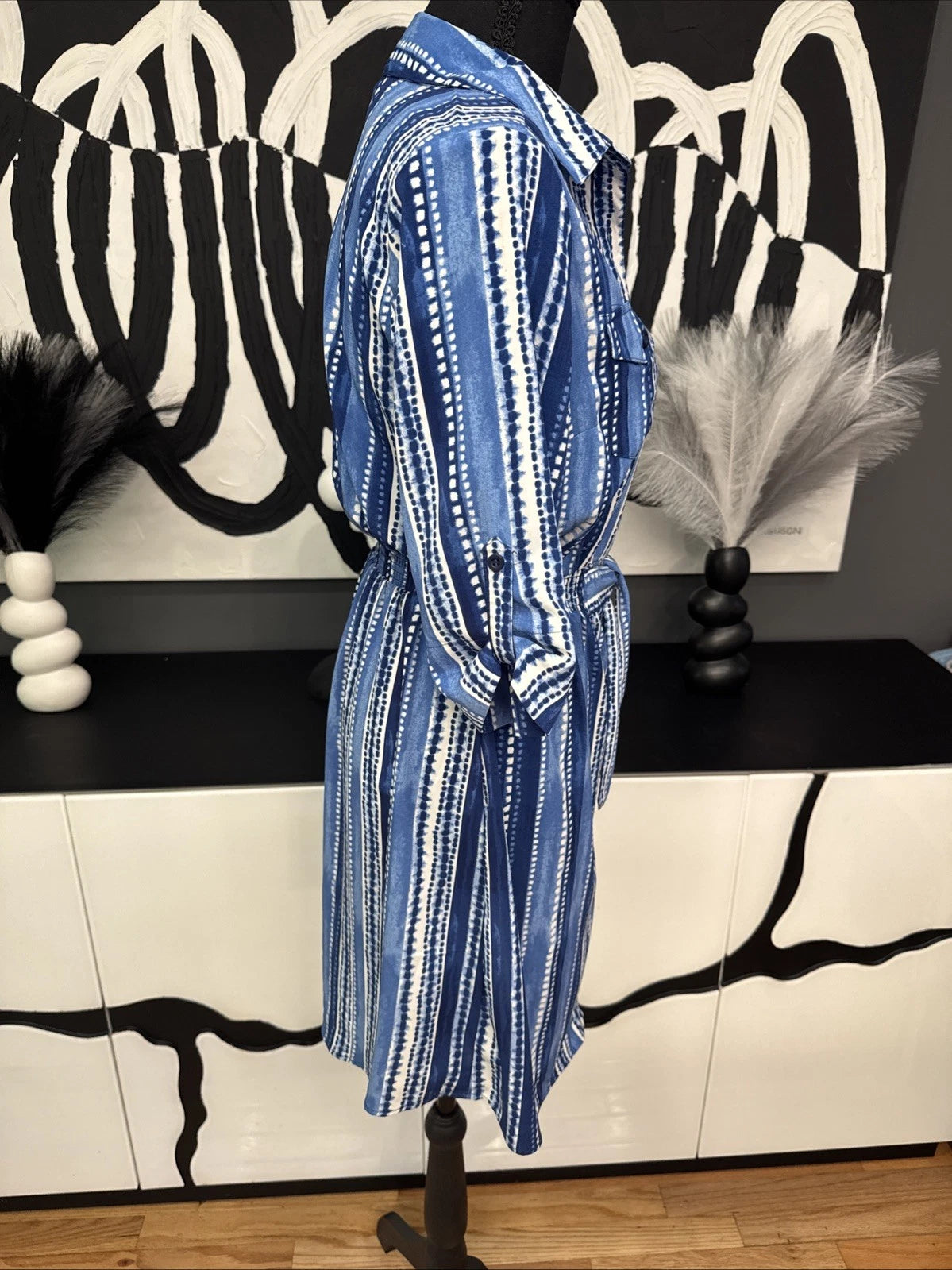 Millenium Blue Stripe Shirt Dress Belted Women's Small Roll Tab Sleeve