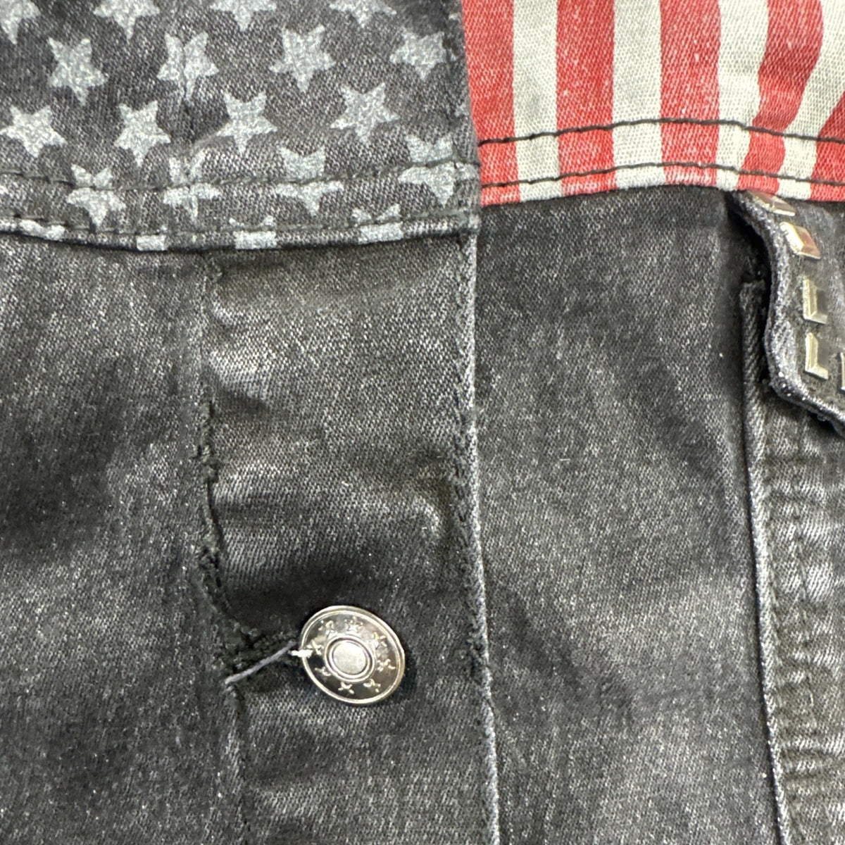 DG2 Diane Gilman Womens 2X American Flag Denim Jacket Black Studded Patriotic