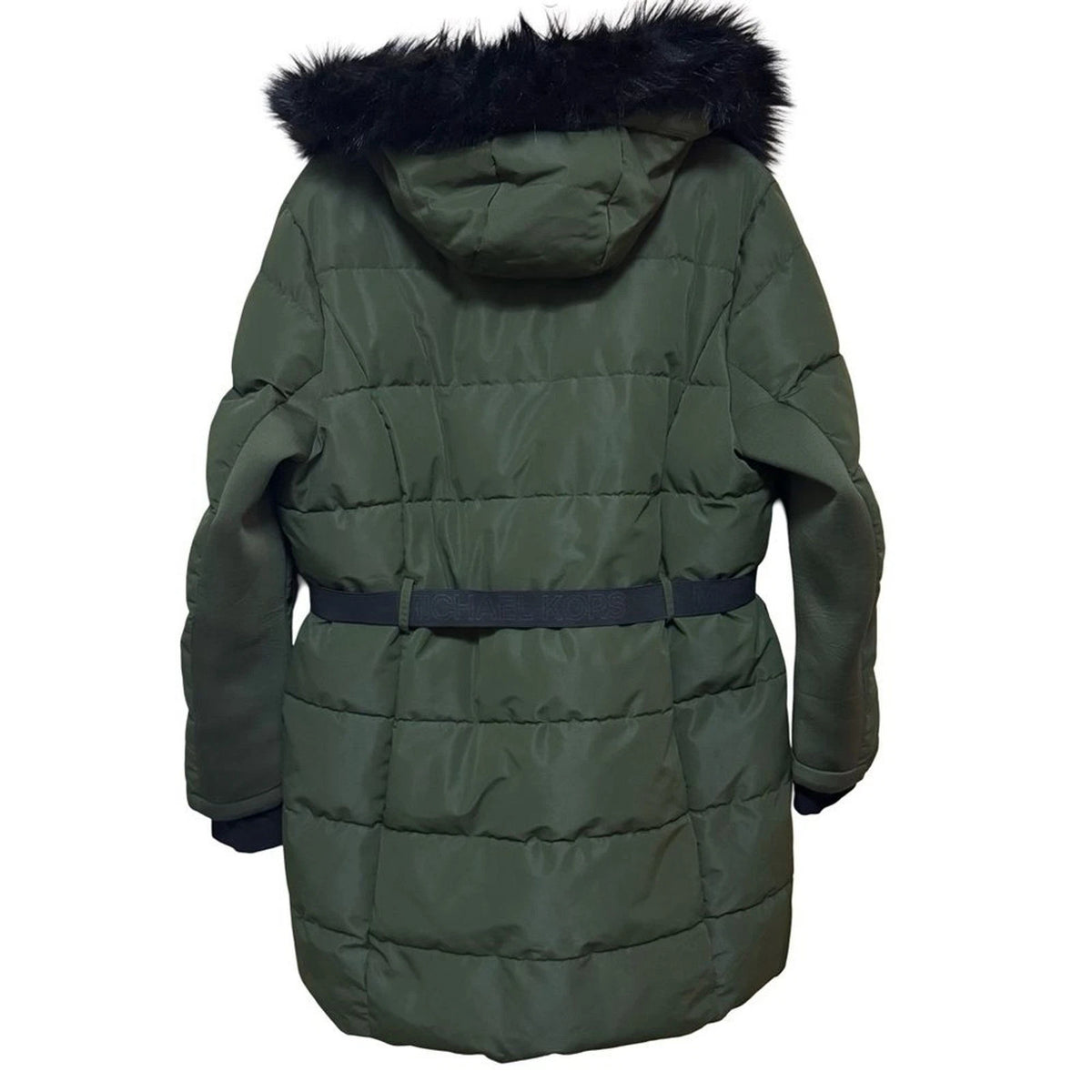 MICHAEL Michael Kors Olive Green Puffer Jacket Womens XL Faux Fur Hood