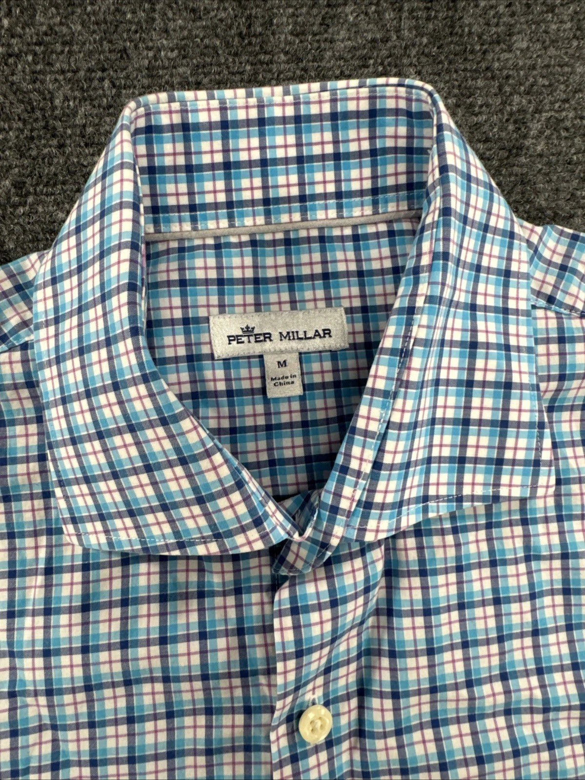 Peter Millar Plaid Button Front Shirt Men’s Medium Blue Pink Short Sleeve