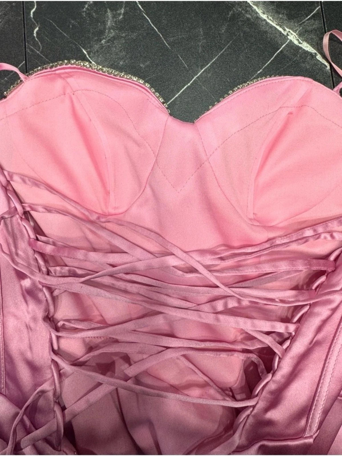 Ladivine Pink Satin Corset Gown Women's 6 Crystal Straps High Slit Formal