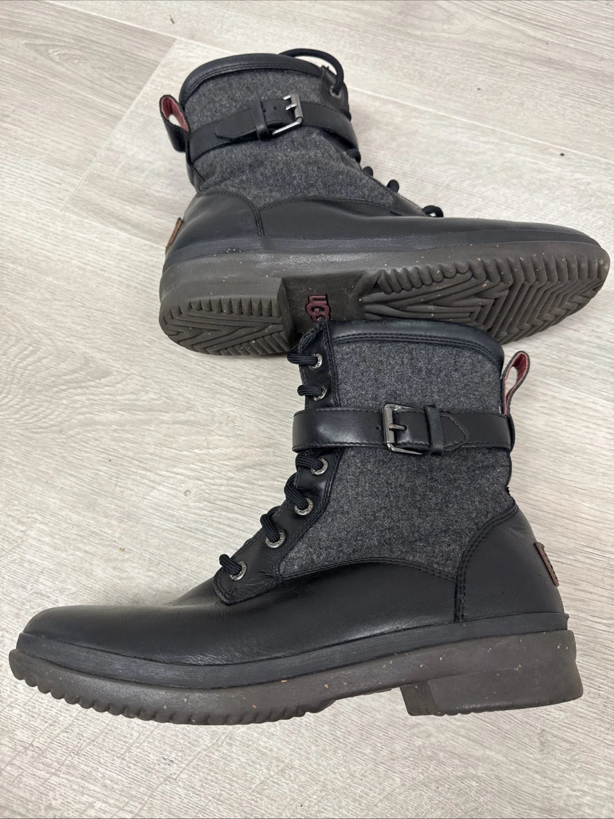 UGG Kesey Boots Women 8 Black Leather Wool Waterproof Lace Up 1005264