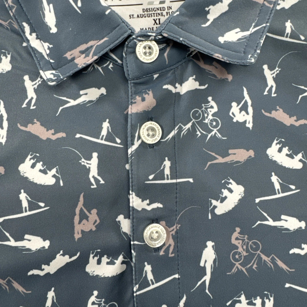 AndersonOrd Eli Polo Mens XL Golf Outdoor Fishing Ski Cycling Bluefin Print NWT