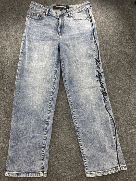 Karl Lagerfeld Paris Women Jeans Size 8 Light Wash Logo Embroidered Straight Leg