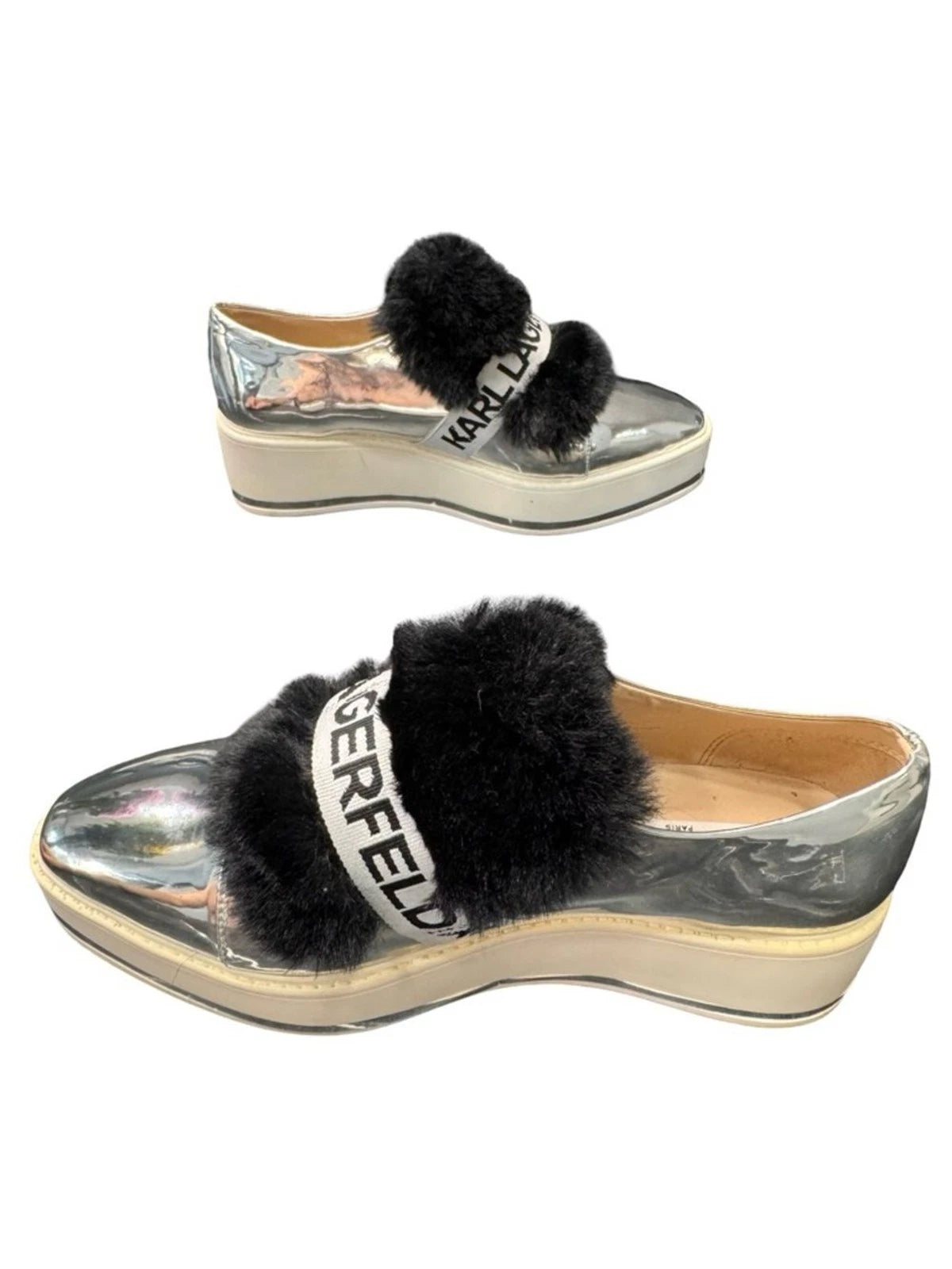 Karl Lagerfeld Paris Birdie Sneaker Mule Women's 8 Silver Fur Platform Slip On