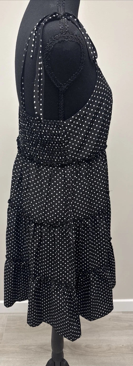 Greath Black White Polka Dot Tiered Midi Dress Women's M Tie Strap Boho