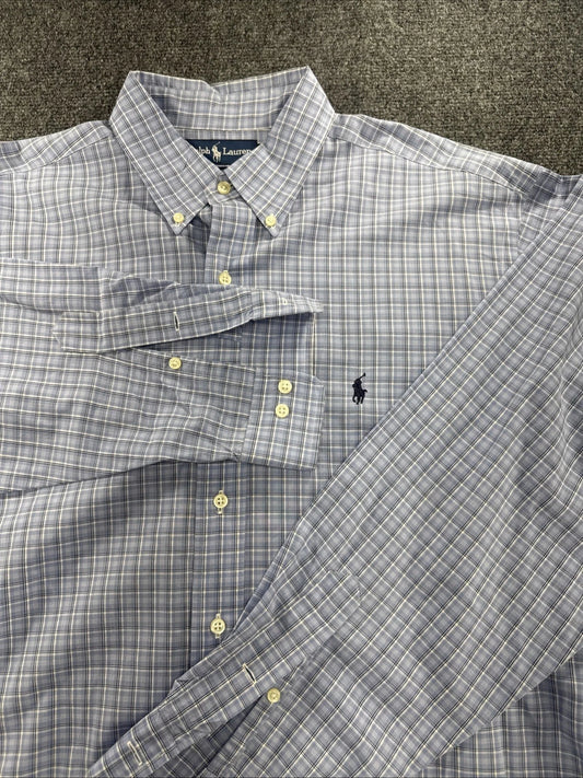 Ralph Lauren Yarmouth Shirt 16.5 34/35 Blue Plaid Blue Pony Cotton BNWOT