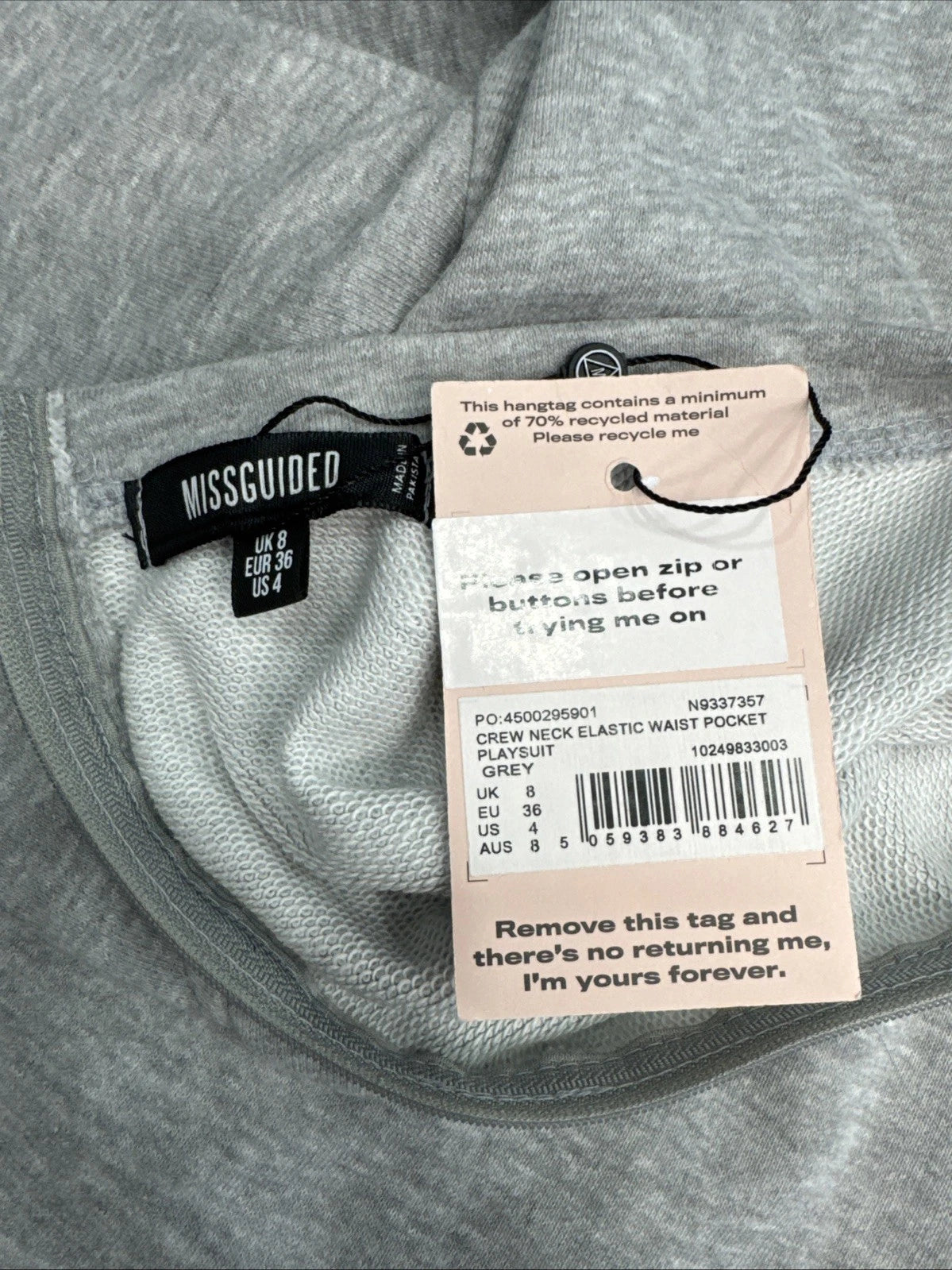 Missguided Grey Long Sleeve Playsuit Romper Women's US 4 UK 8 NWT Pockets