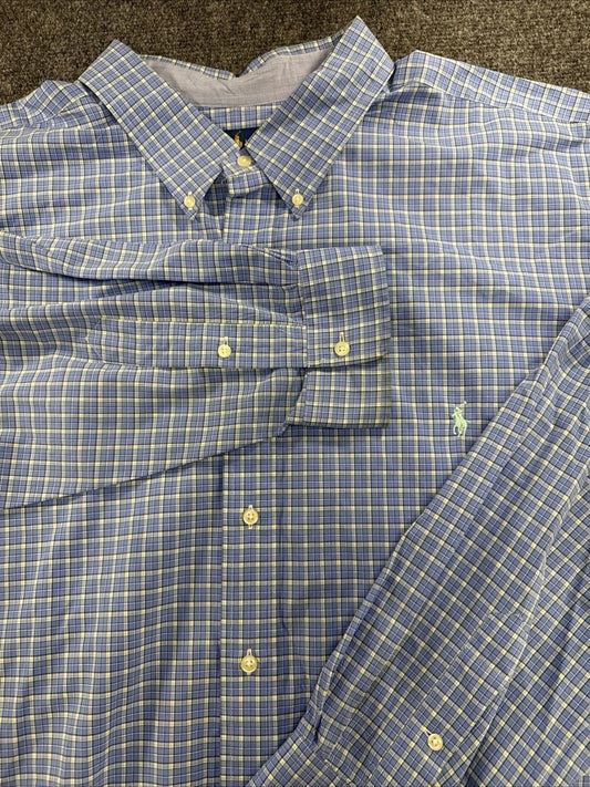 Polo Ralph Lauren Shirt Men 4XB Blue Green Plaid Stretch Cotton Big Tall