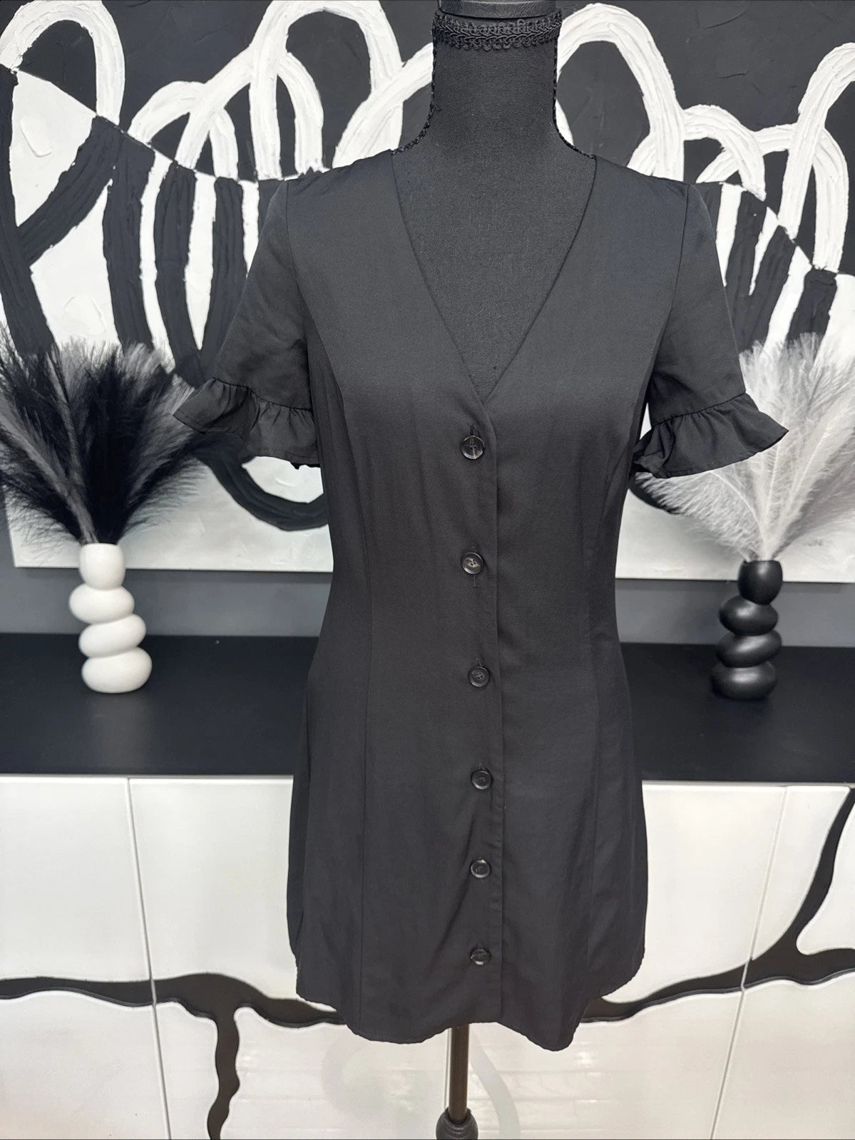 TRF Collection Black Button Front Mini Dress Women’s 8 Puff Sleeve Cottagecore