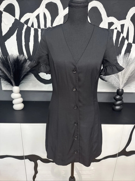 TRF Collection Black Button Front Mini Dress Women’s 8 Puff Sleeve Cottagecore