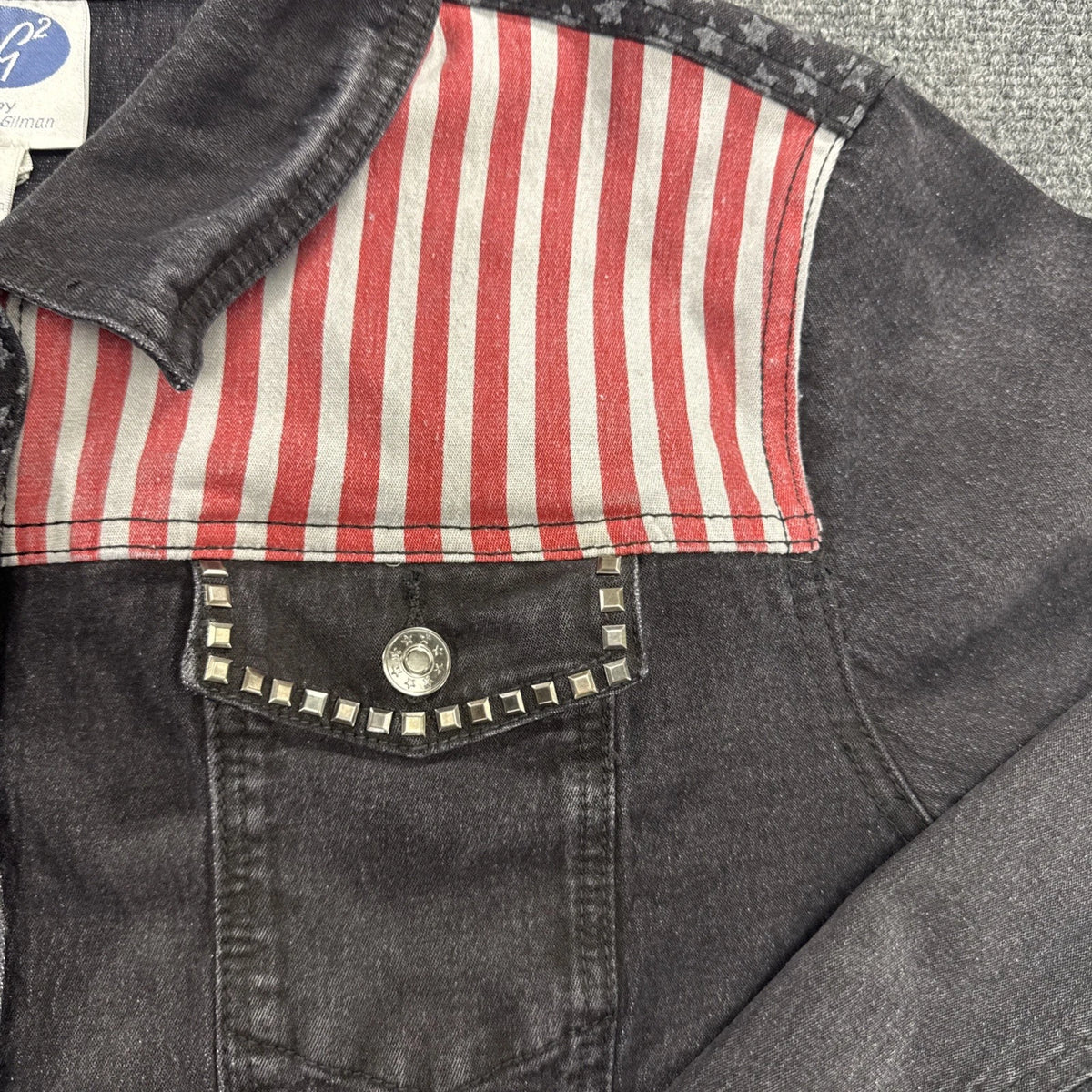 DG2 Diane Gilman Womens 2X American Flag Denim Jacket Black Studded Patriotic