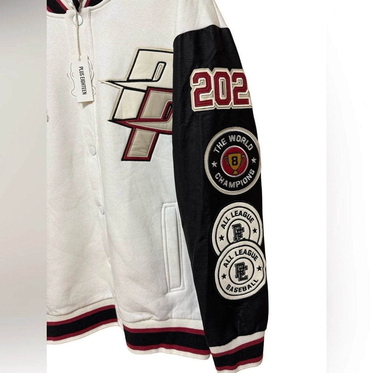 Plus Eighteen Varsity Jacket Men's Large White Black Red Baseball Letterman NWT