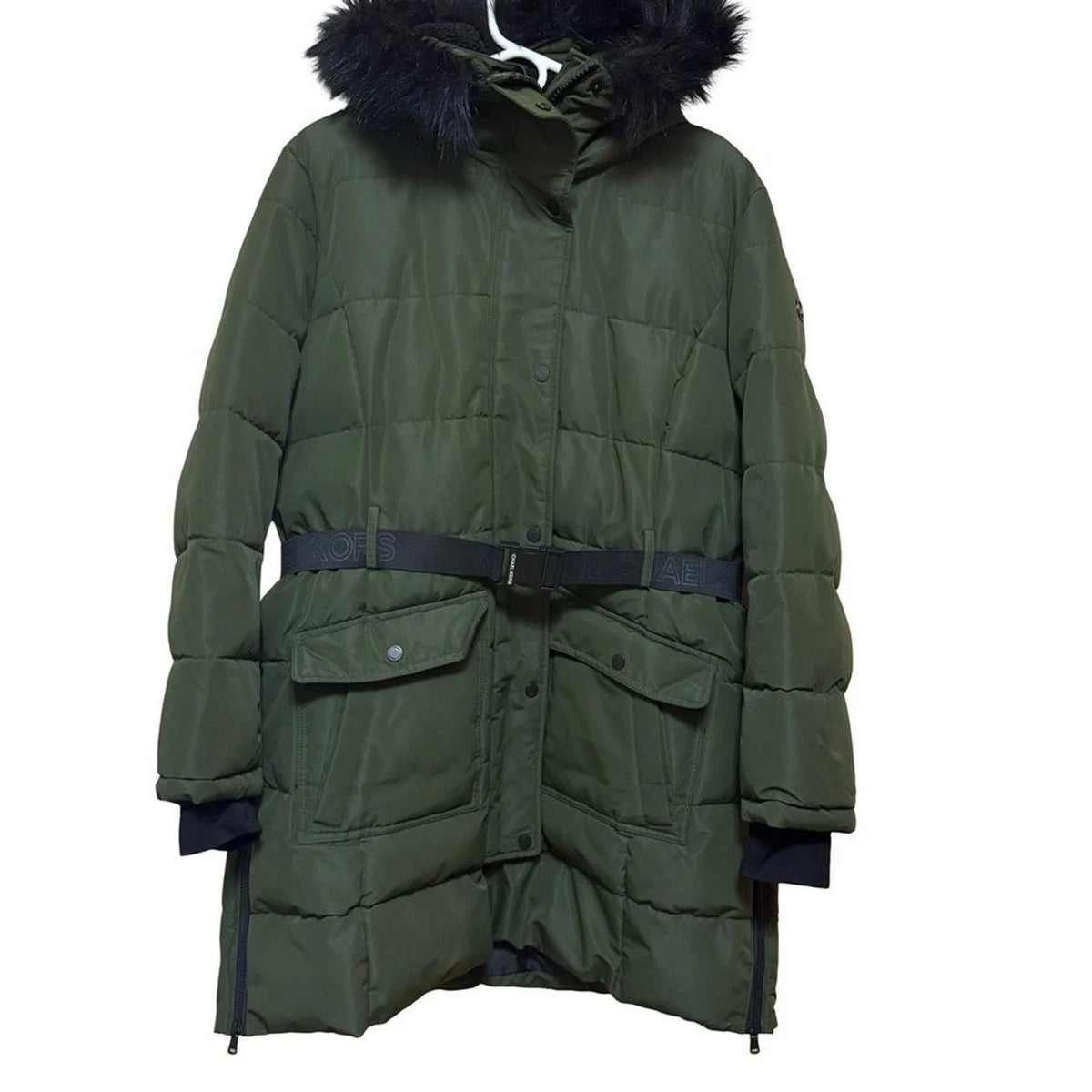 MICHAEL Michael Kors Olive Green Puffer Jacket Womens XL Faux Fur Hood