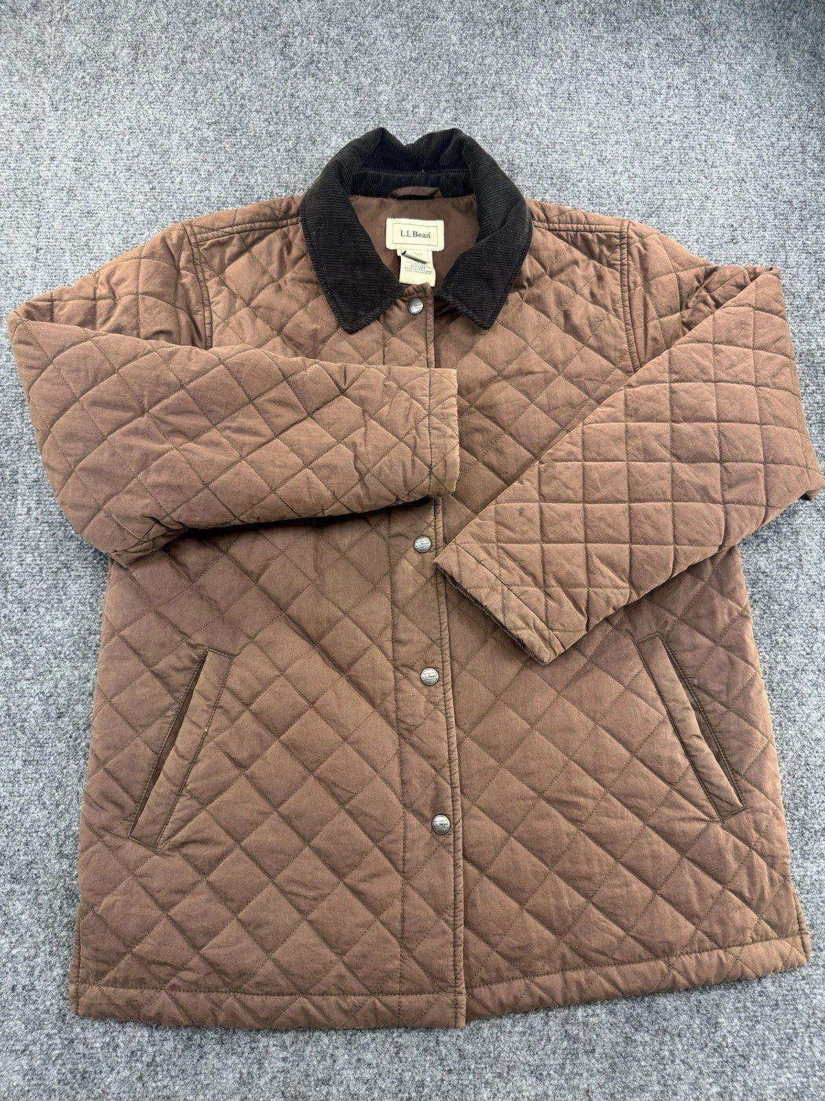 L.L.Bean Women's Quilted Barn Jacket Brown Corduroy Collar Snap Front Size S