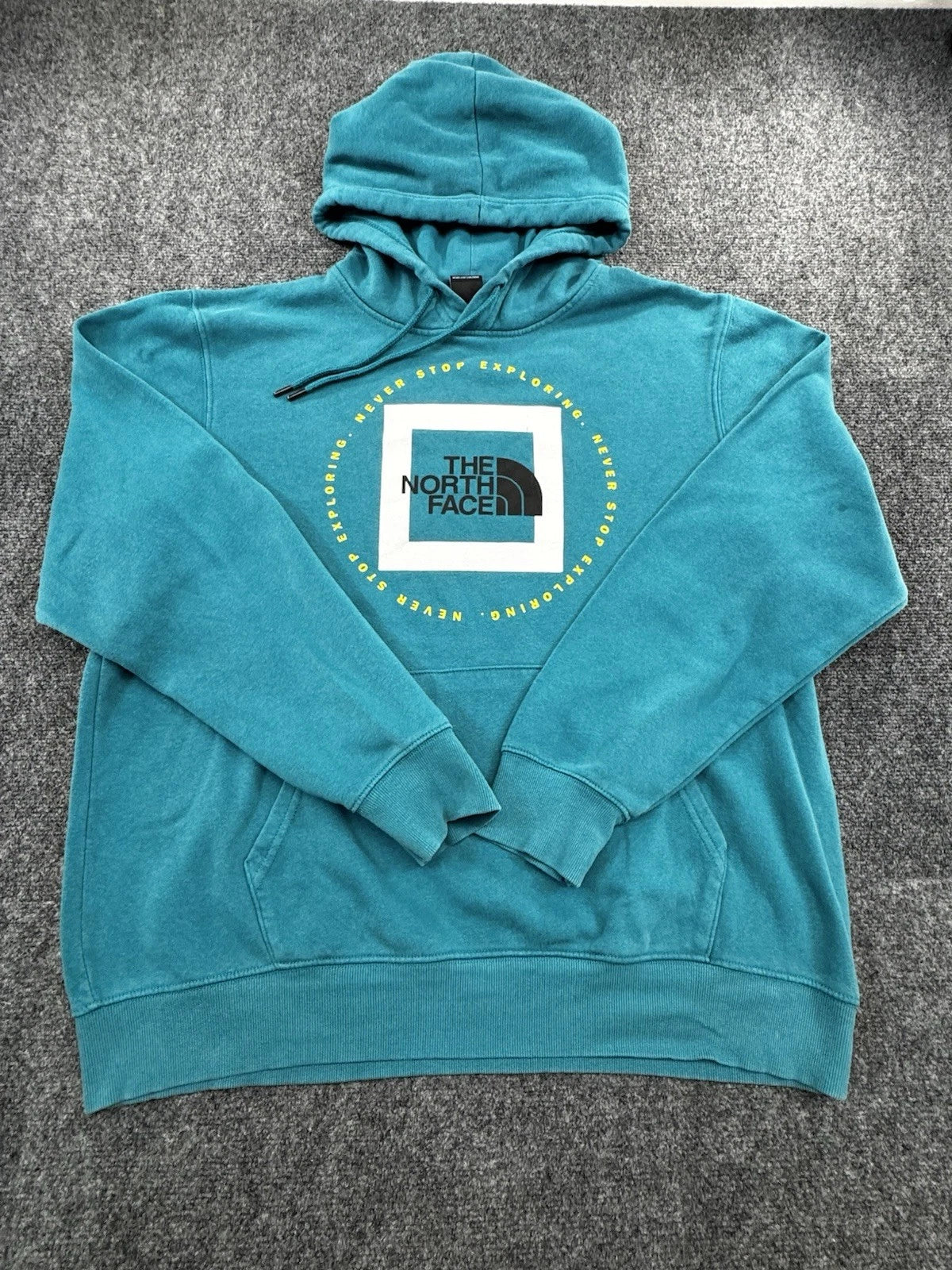The North Face Hoodie Mens L Box Logo Graphic Pullover Teal Fleece Sweatshirt