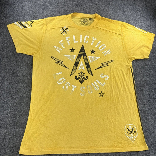 Affliction Lost Souls Men's XXL Yellow Graphic Biker Y2K T-Shirt