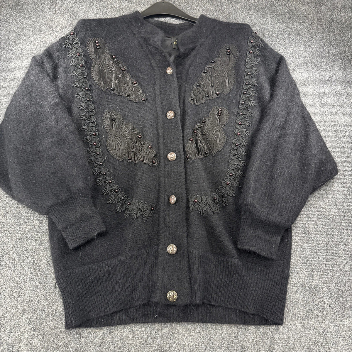 Vintage Gizel Angora Cardigan Women’s Large Black Beaded Embroidered Sweater