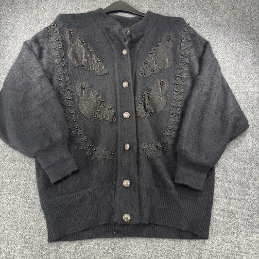Vintage Gizel Angora Cardigan Women’s Large Black Beaded Embroidered Sweater