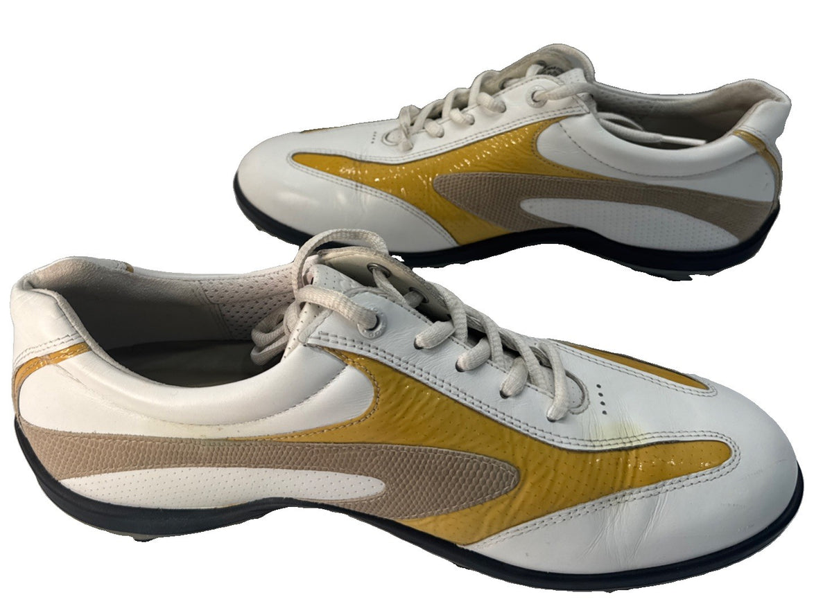 ECCO Hydromax Golf Shoes Men 41 US 7-7.5 White Yellow Leather Spiked Cleats