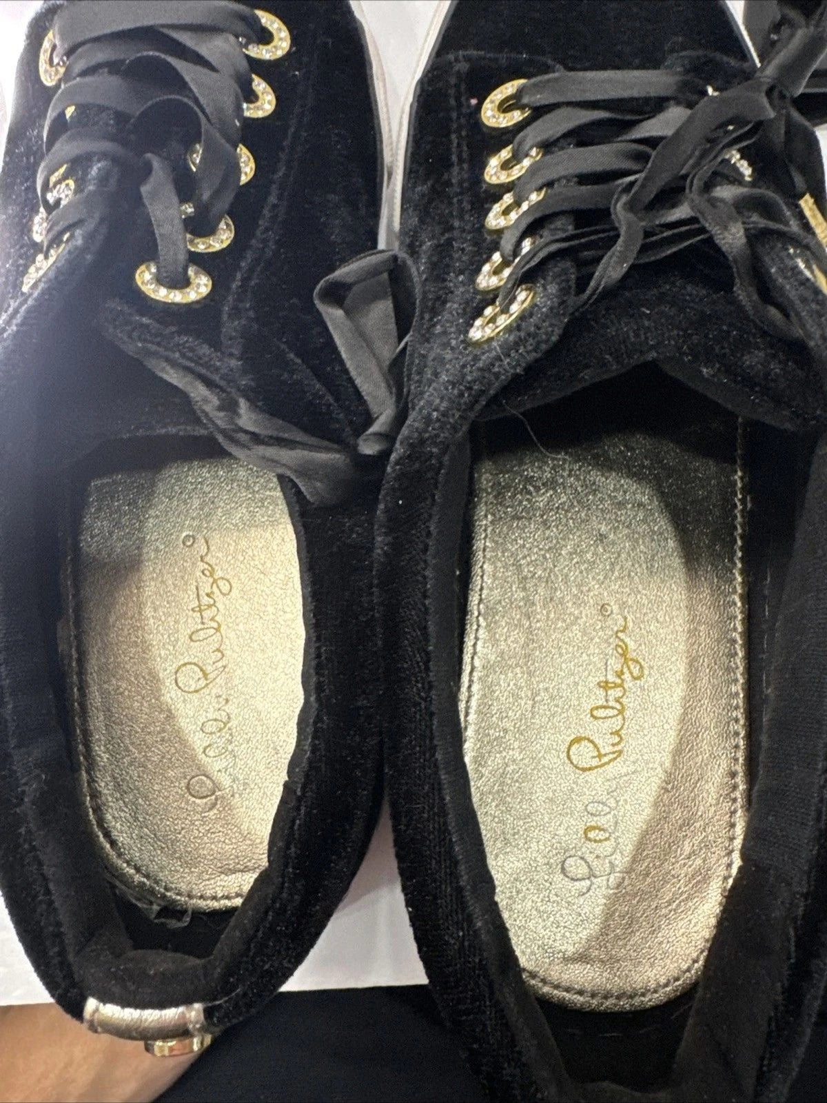 Lilly Pulitzer Black Velvet Sneakers Women 7.5 Gold Rhinestone Ribbon Lace