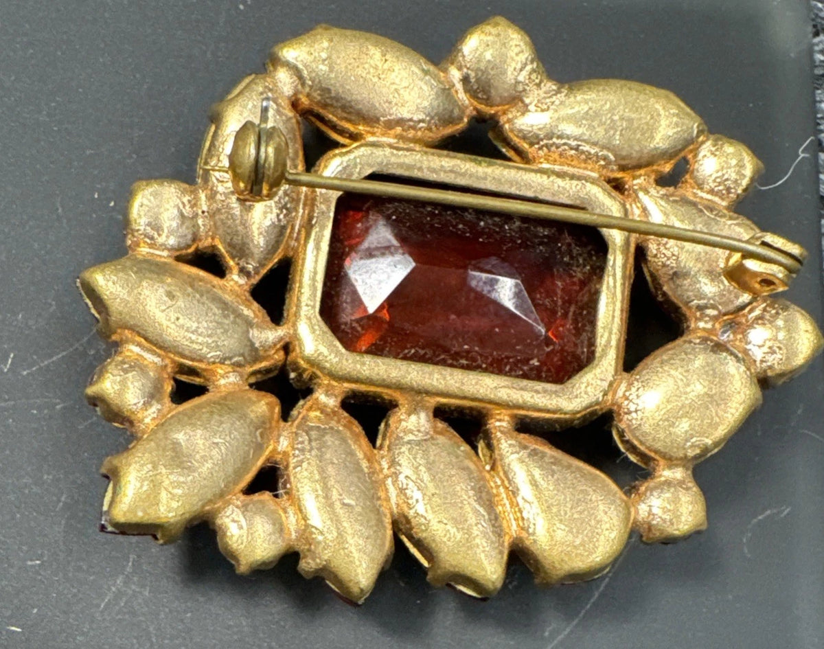 Lot 2 Vintage Czech Glass Brooches Red Amber Yellow Brown Rhinestone Pins