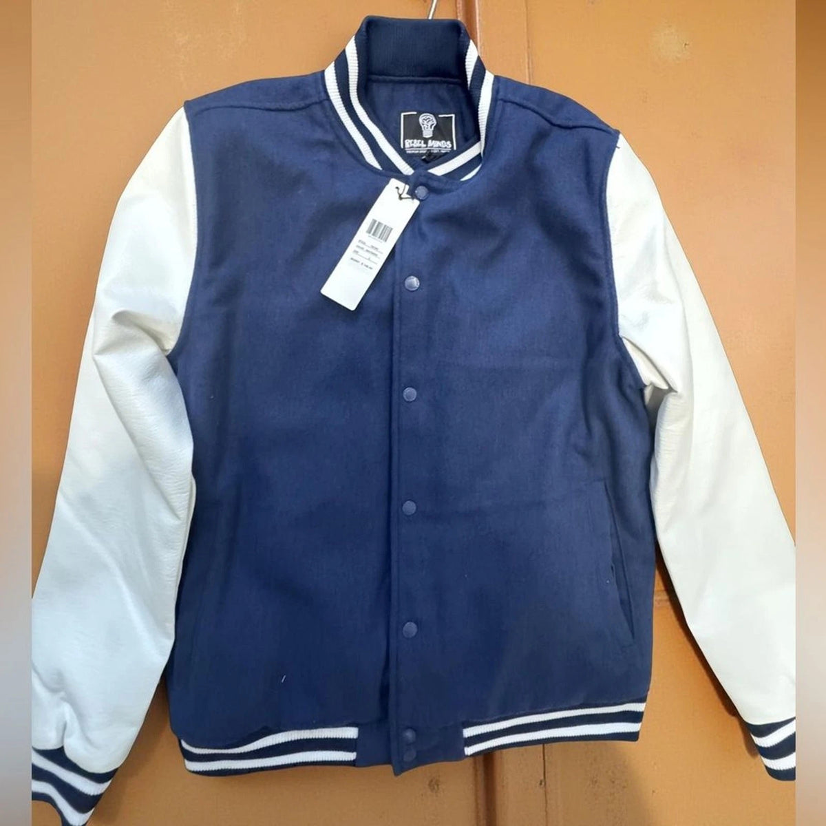 Rebel Minds Varsity Jacket Men's Large Navy Leather Sleeves Snap Front BNWT