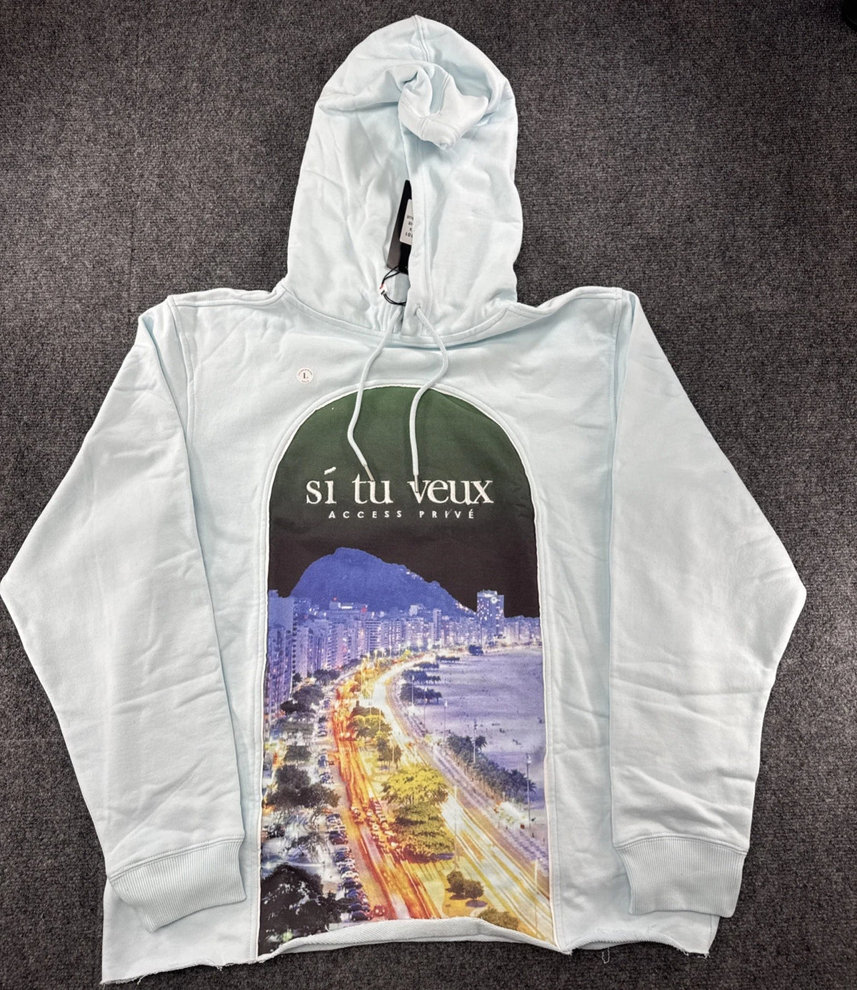 Sí Tu Veux Riviera Hoodie Men’s Large Delicate Blue Graphic Pullover NWT Luxury