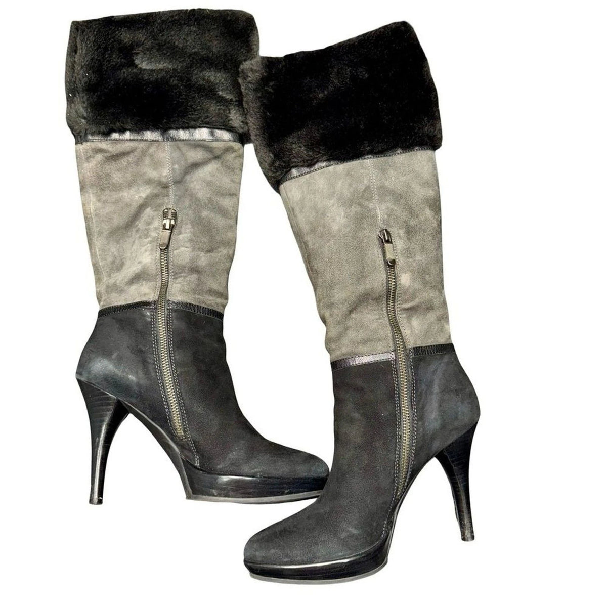 B Makowsky Knee High Platform Boots Women’s 7 Gray Black Leather Side Zip EUC