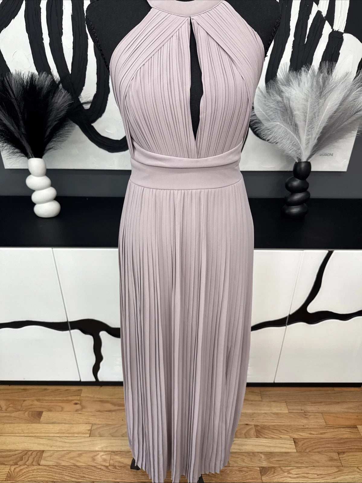 TFNC London Blush Pink Pleated Maxi Dress Women's 8 Halter Bridesmaid