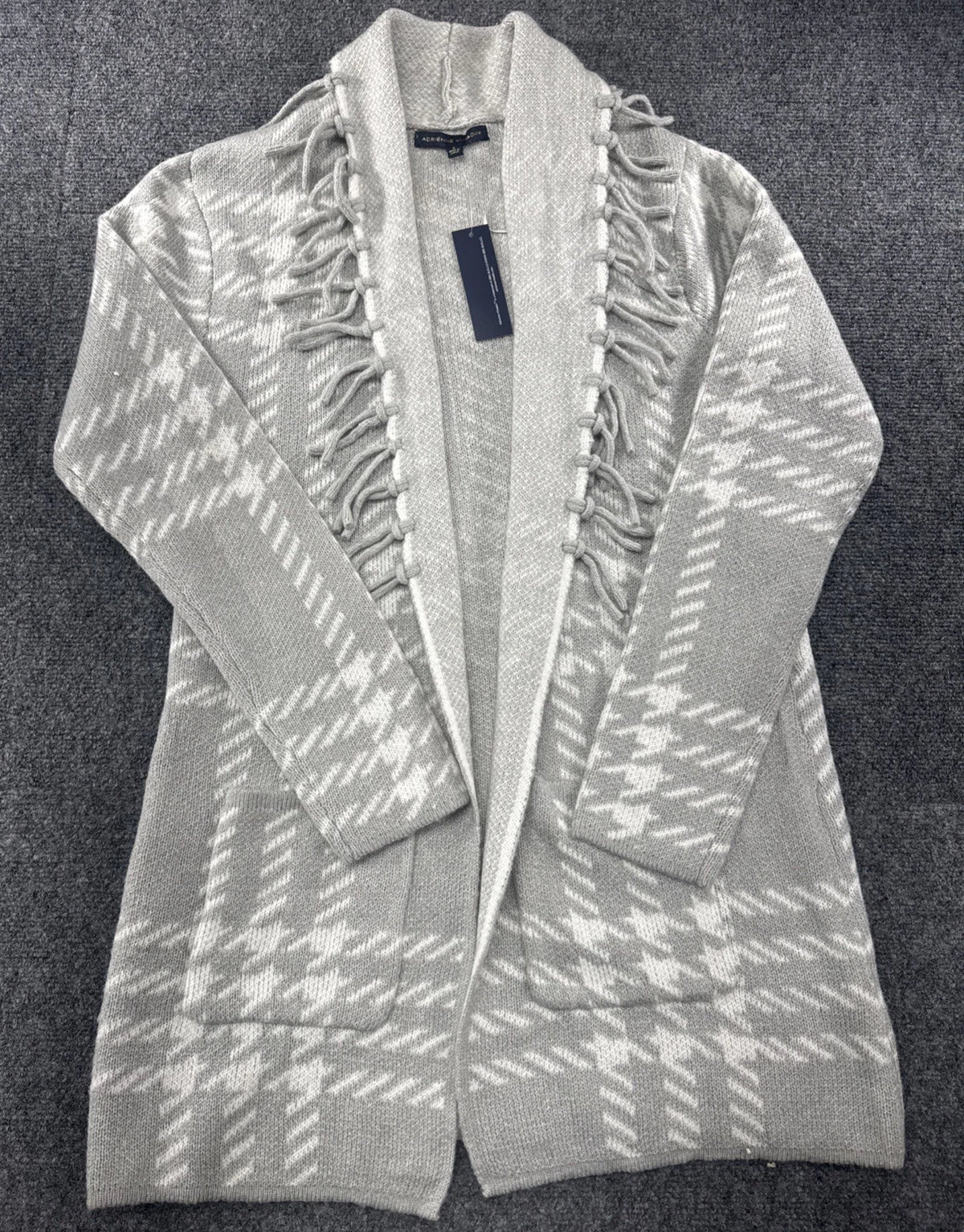 Adrienne Vittadini Plaid Fringe Cardigan Gray White Open Front Small Cozy