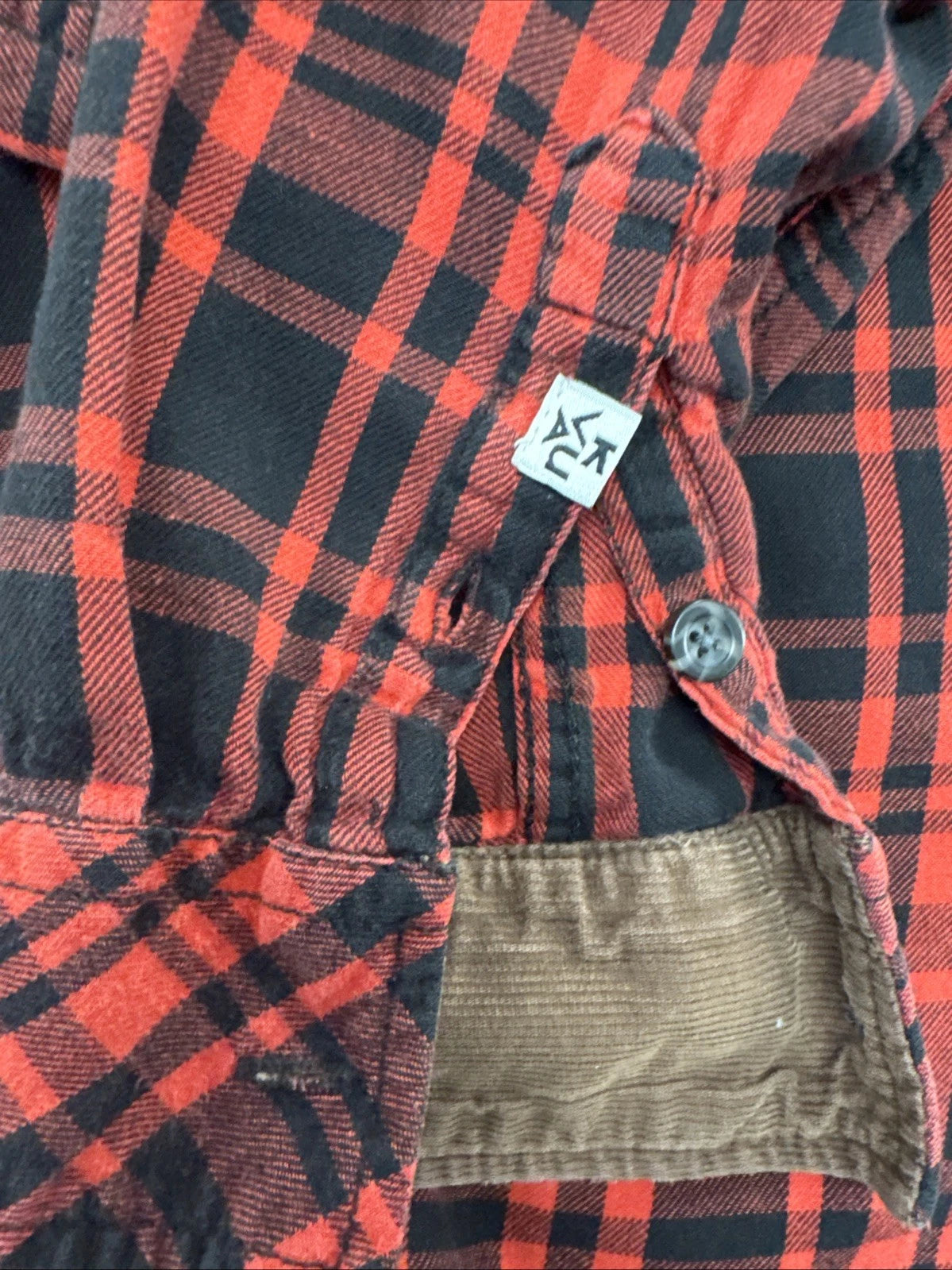 KAVU Women's M Red Black Plaid Flannel Shirt Corduroy Elbow Patches Outdoor