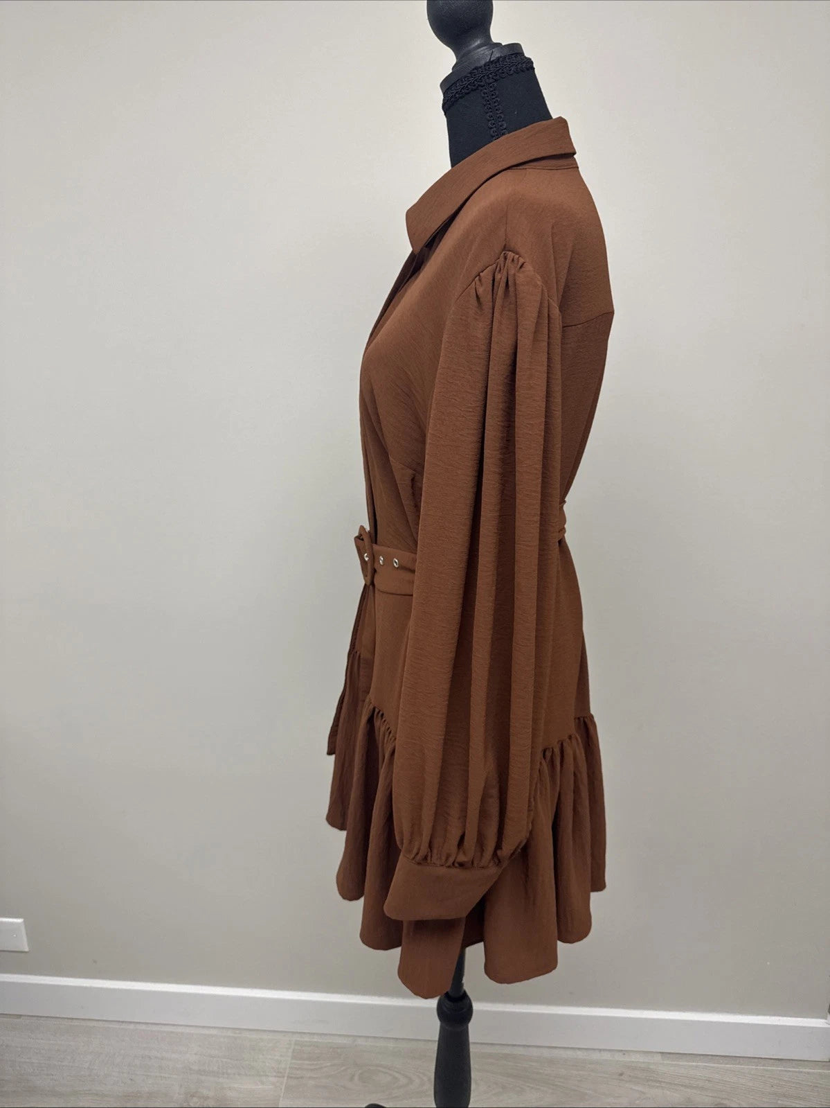 SHEIN Brown Belted Shirt Dress Women’s Medium Long Sleeve Ruffle Hem Boho