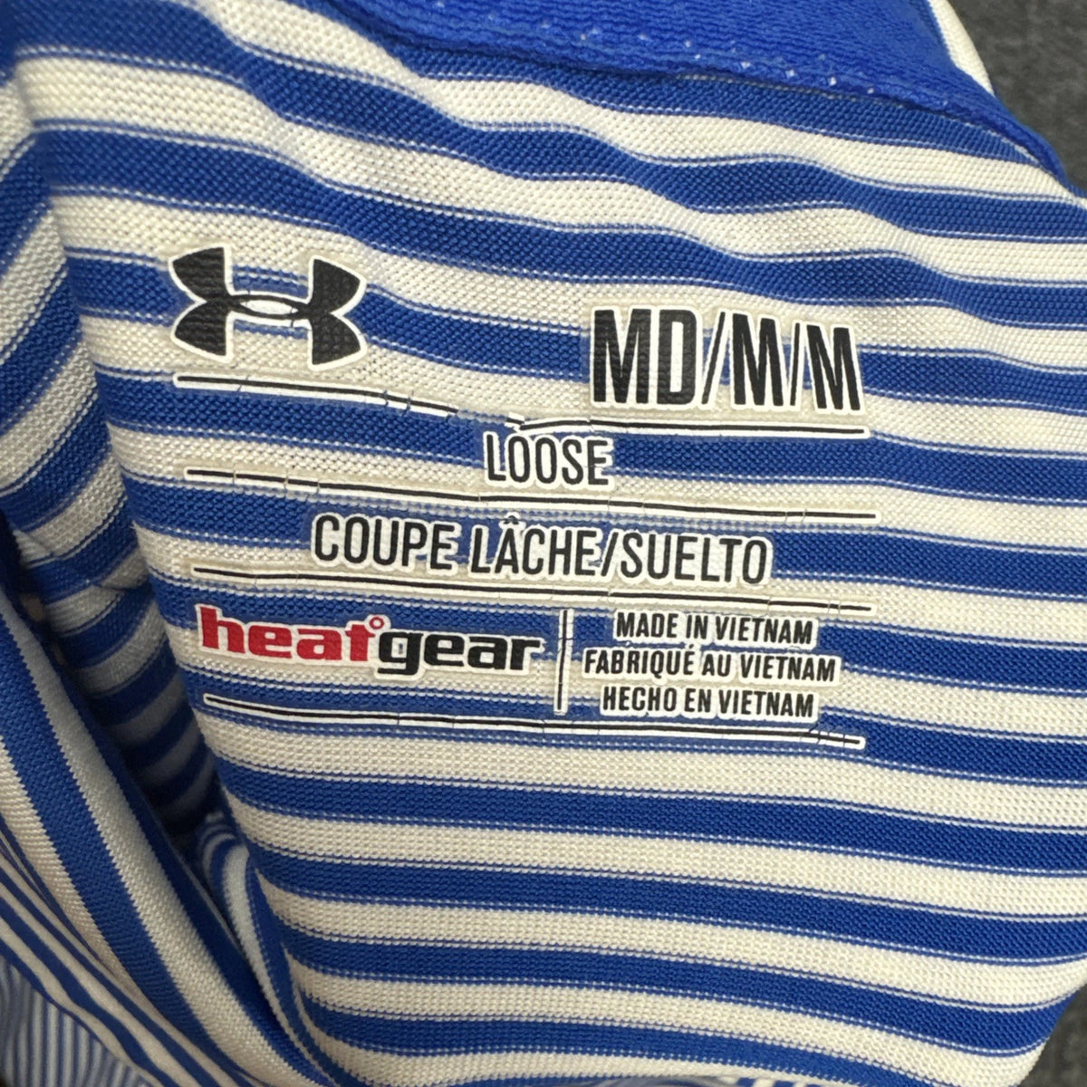 Under Armour HeatGear Blue White Striped Golf Polo Shirt Men Medium Loose Fit