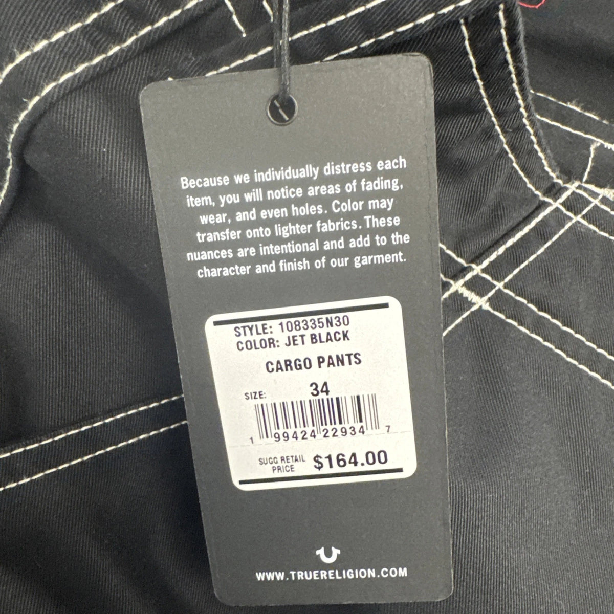 True Religion Mens 34x32 Black Cargo Pants Contrast Stitch Horseshoe NWT