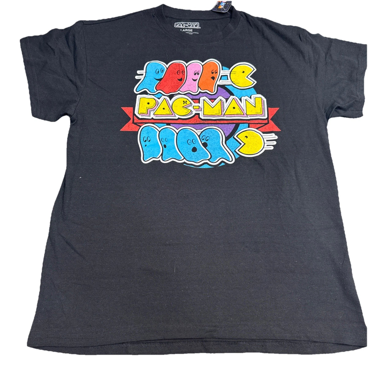 Pac Man Graphic T Shirt Mens Large Retro Video Game Gaming Tee Black BNWT