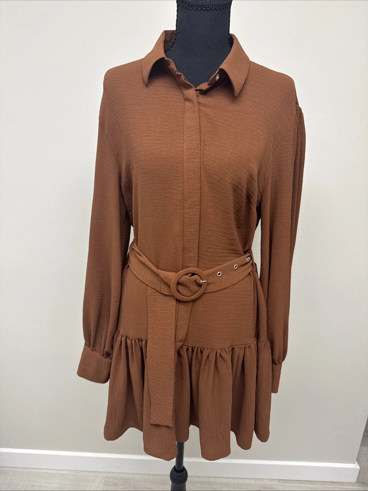 SHEIN Brown Belted Shirt Dress Women’s Medium Long Sleeve Ruffle Hem Boho
