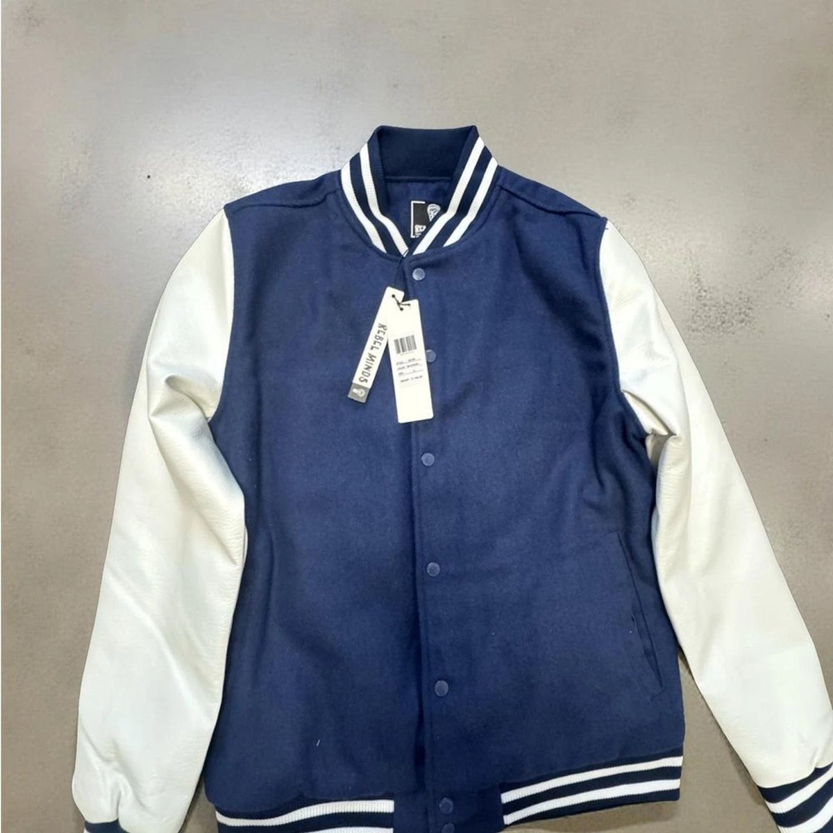 Rebel Minds Varsity Jacket Men's Large Navy Leather Sleeves Snap Front BNWT