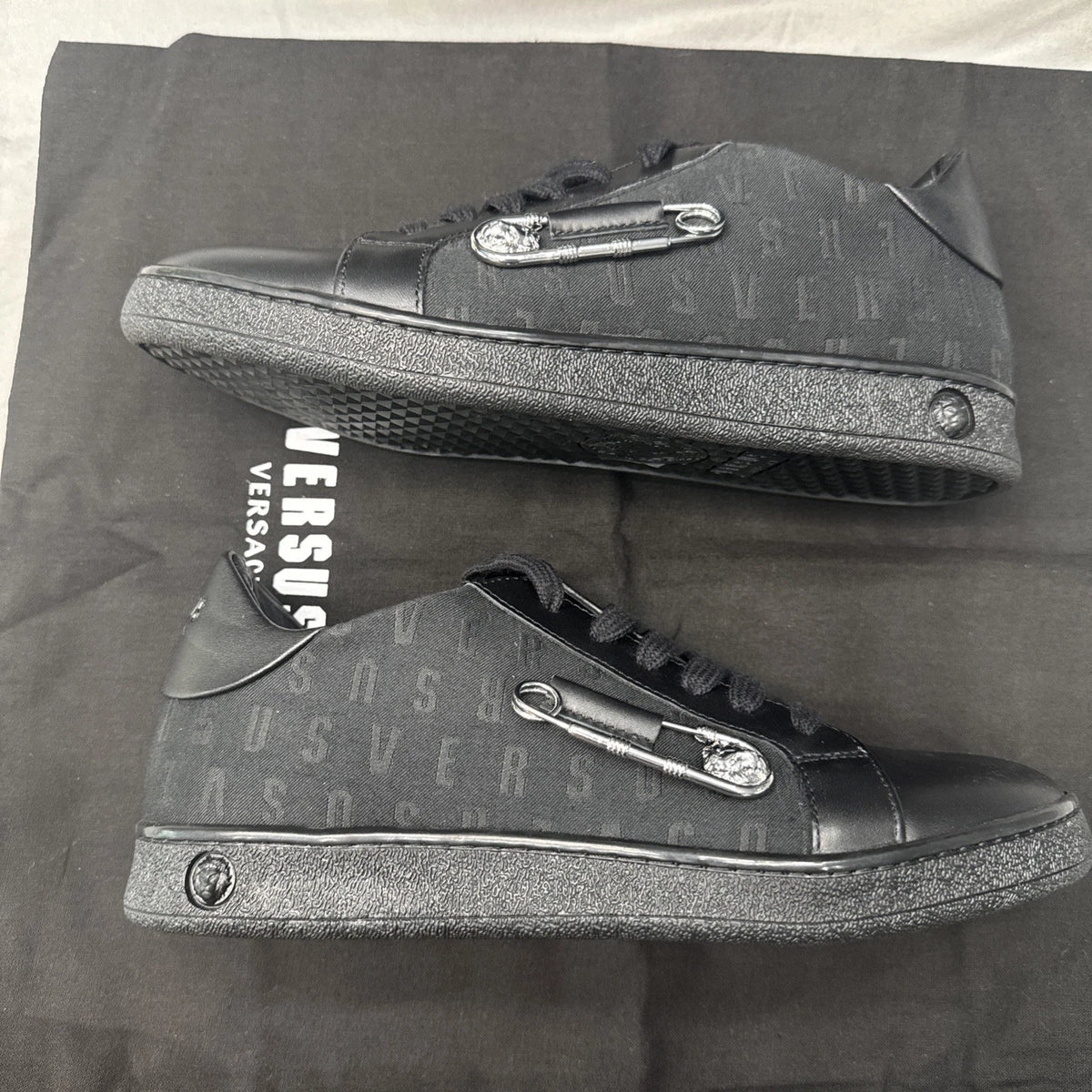 Versace Versus Lionhead Safety Pin Black Fabric & Leather Sneaker Size 36 US 6