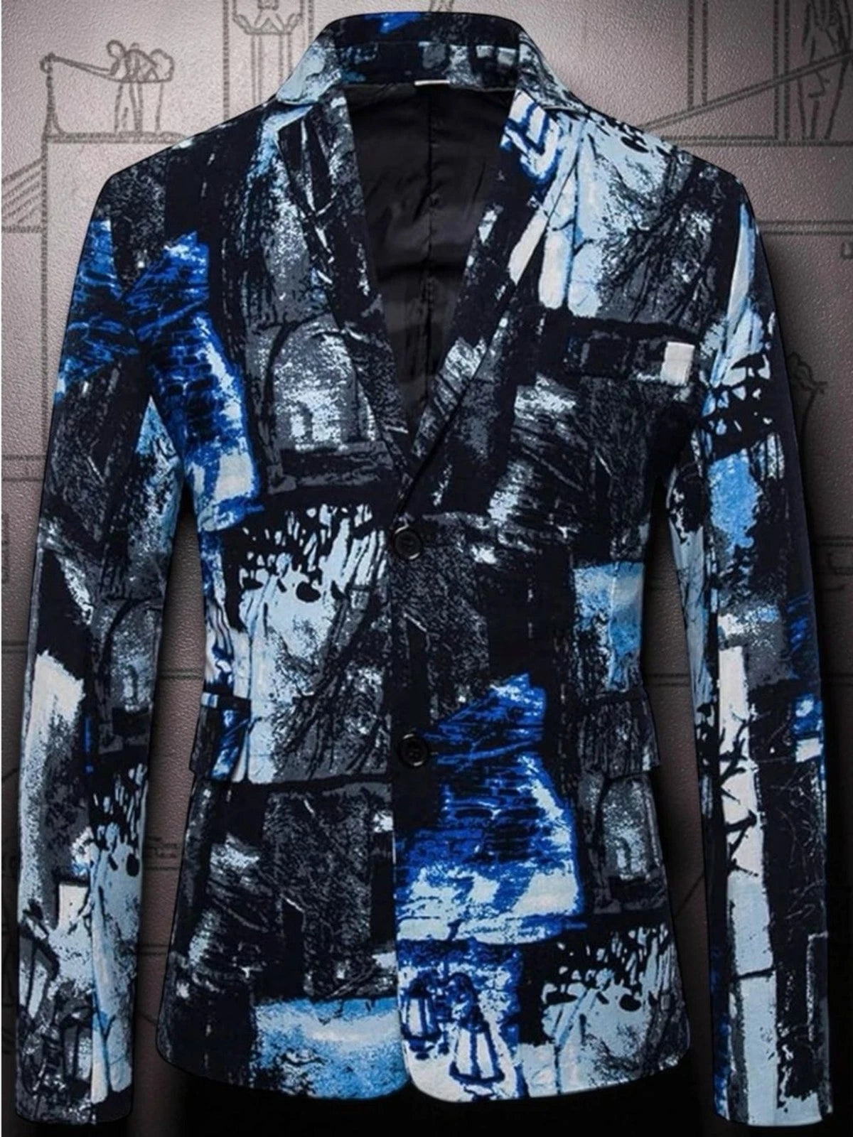 HEYDHSDC Mens M Black Blue Abstract Print Slim Fit Party Blazer Jacket