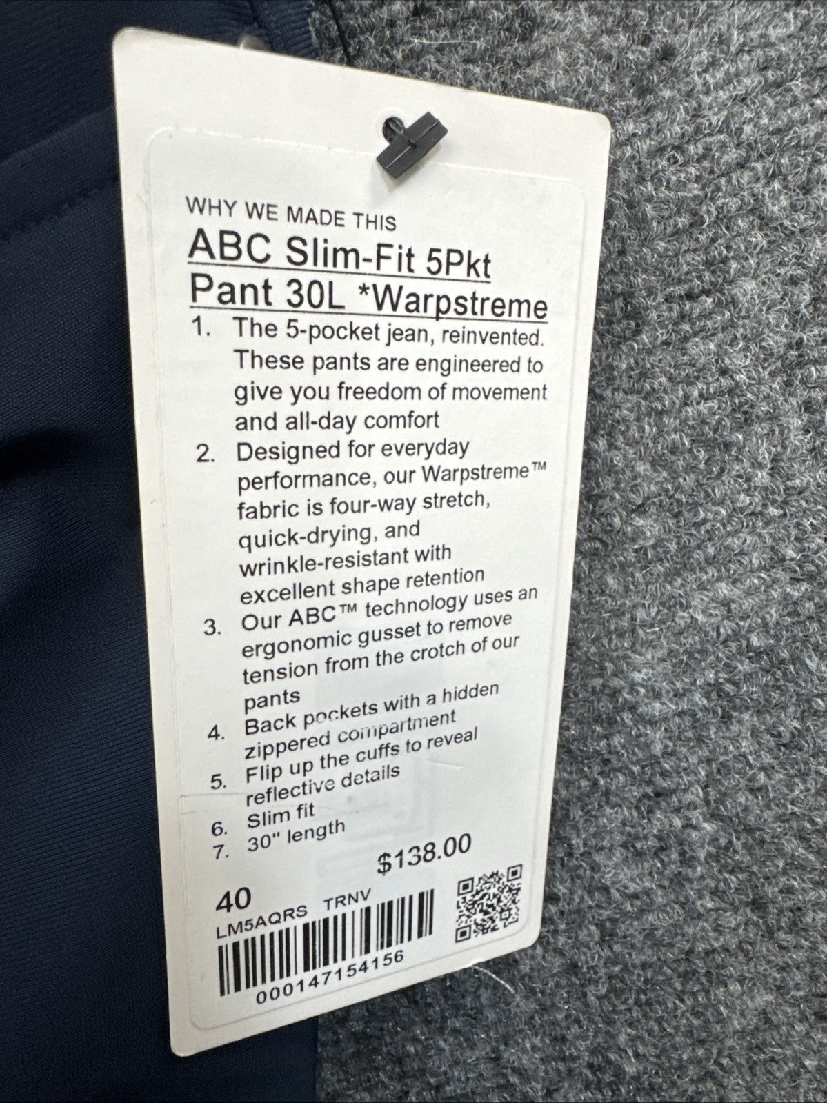 Lululemon ABC Slim-Fit 5-Pocket Pants Men’s 40x30 True Navy Warpstreme NWT