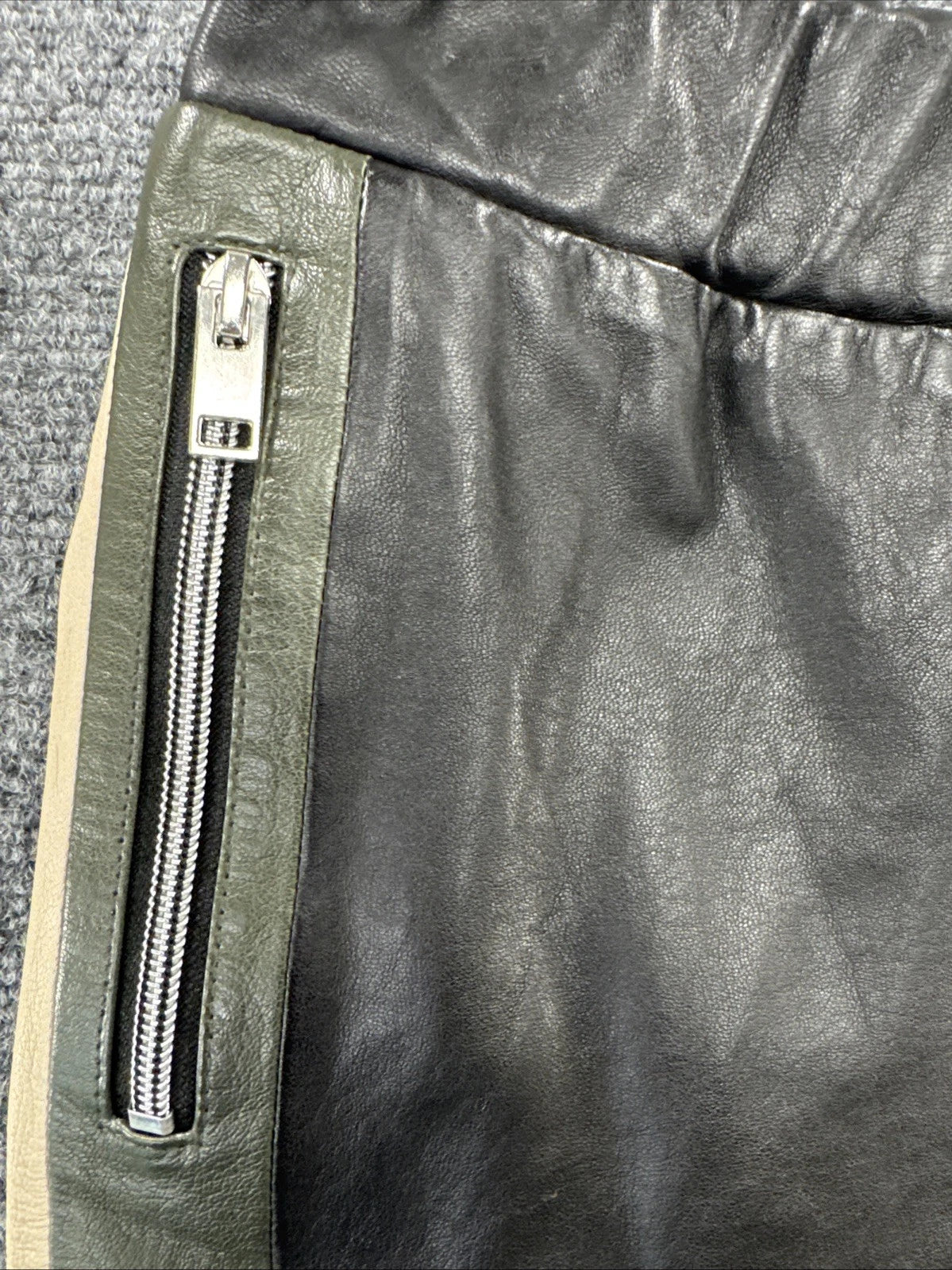Mauritius Genuine Leather Mini Skirt Womens S Black Olive Tan Colorblock Zip