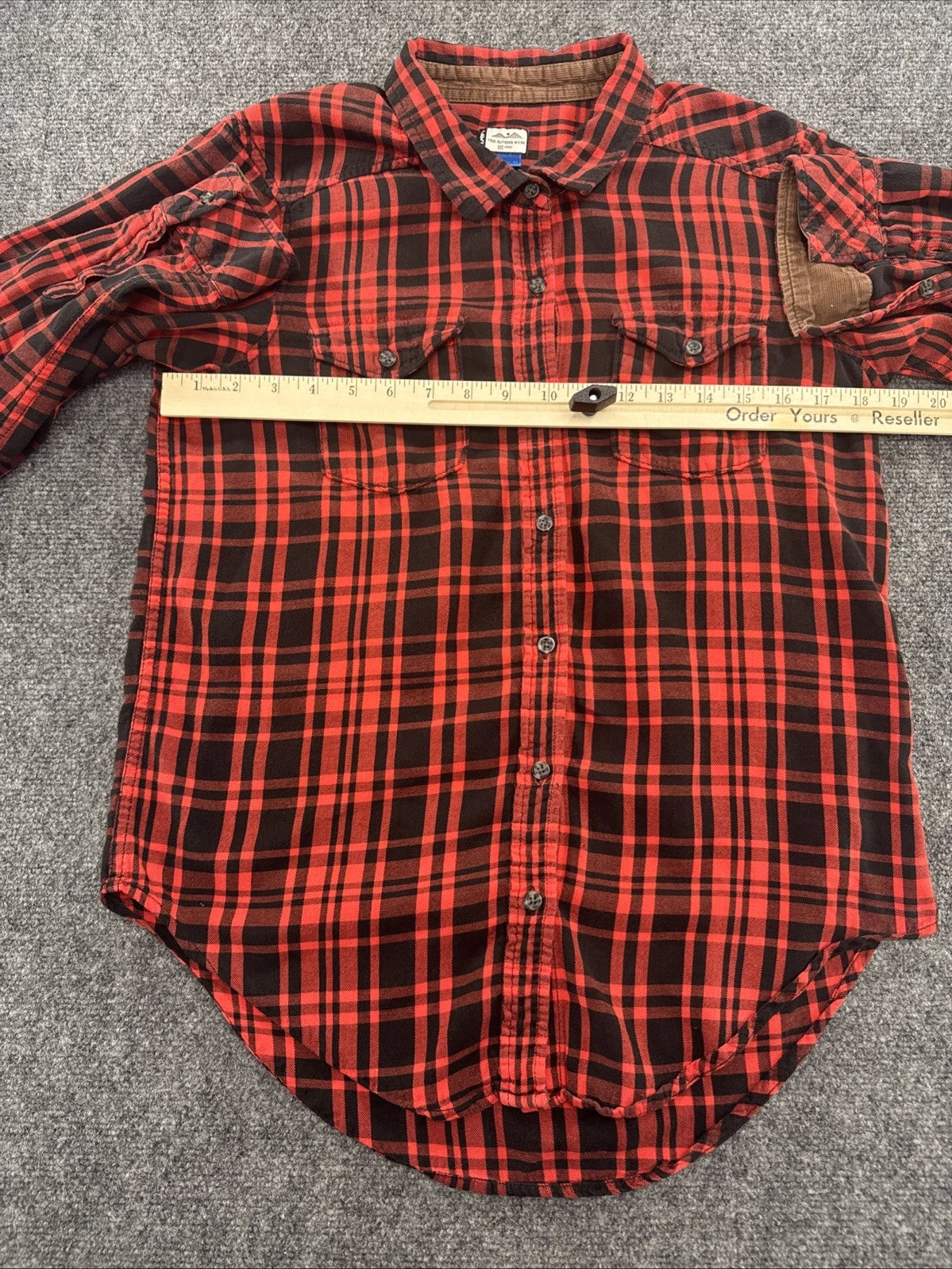 KAVU Women's M Red Black Plaid Flannel Shirt Corduroy Elbow Patches Outdoor