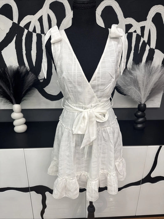 Simplee White Tie Strap Mini Dress Women’s Small Cottagecore Beach Ruffle Dress