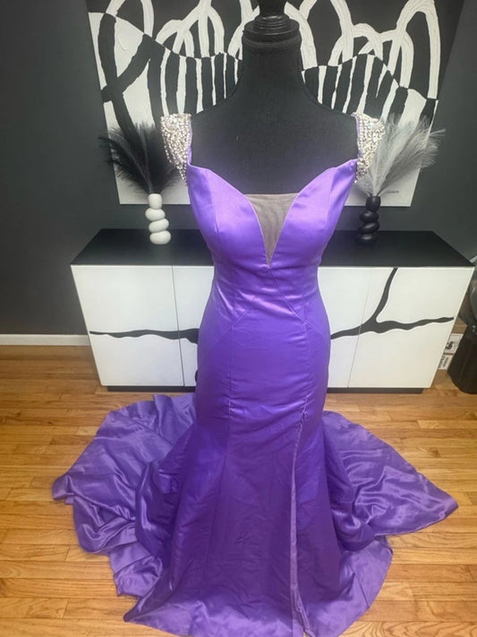 Rachel Allan Purple Satin Mermaid Gown Size 2 Pearl Strap Prom Dress Train