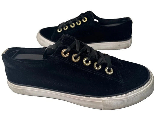 Lilly Pulitzer Black Velvet Sneakers Women 7.5 Gold Rhinestone Ribbon Lace