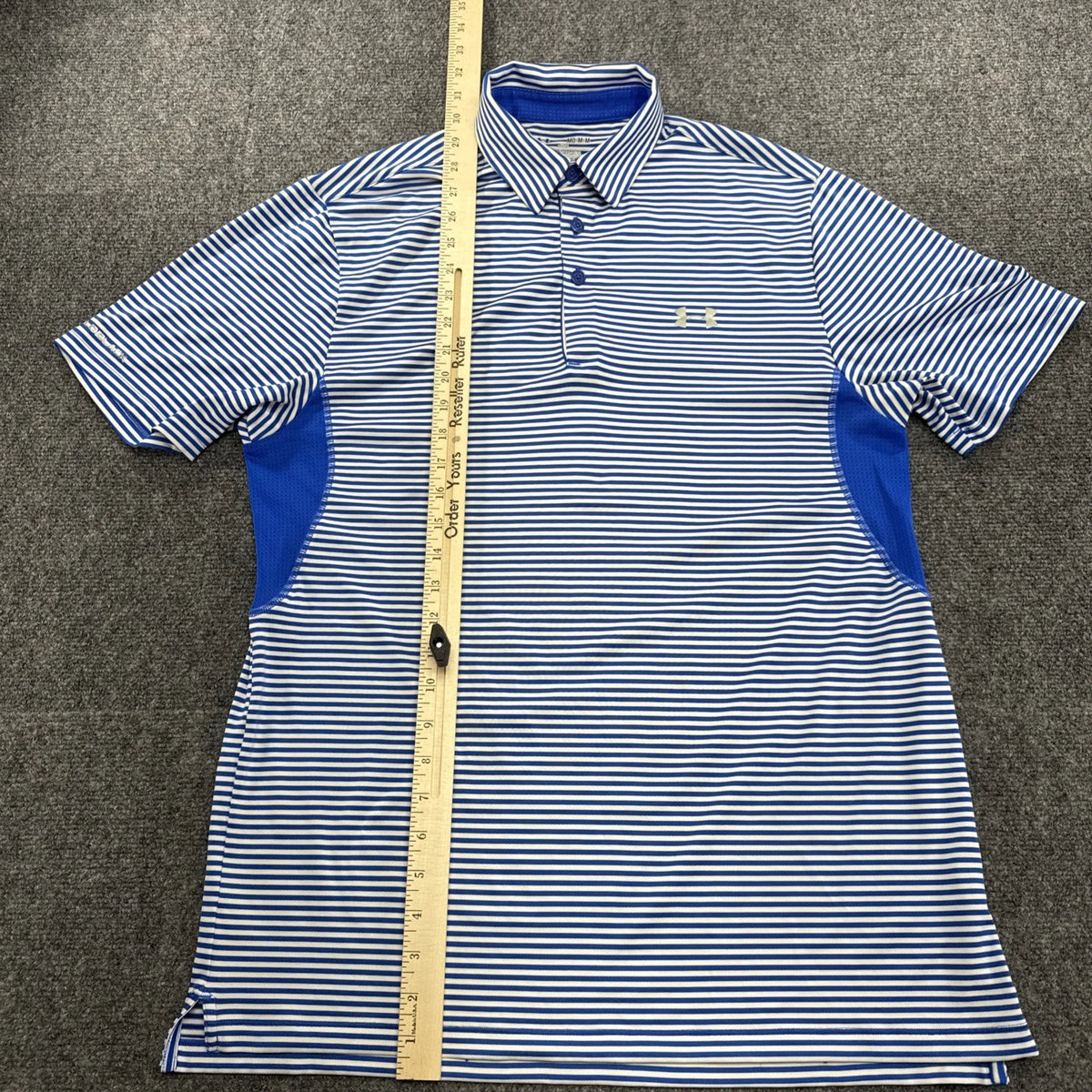 Under Armour HeatGear Blue White Striped Golf Polo Shirt Men Medium Loose Fit